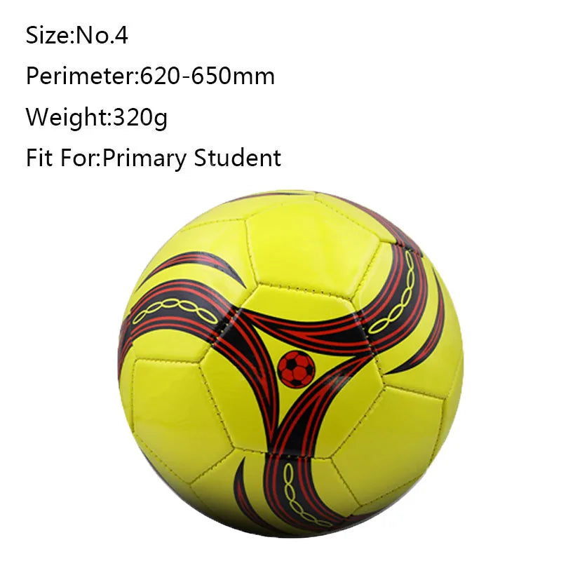 Bright yellow size 4 football for children with black and red swirling graphic patterns.