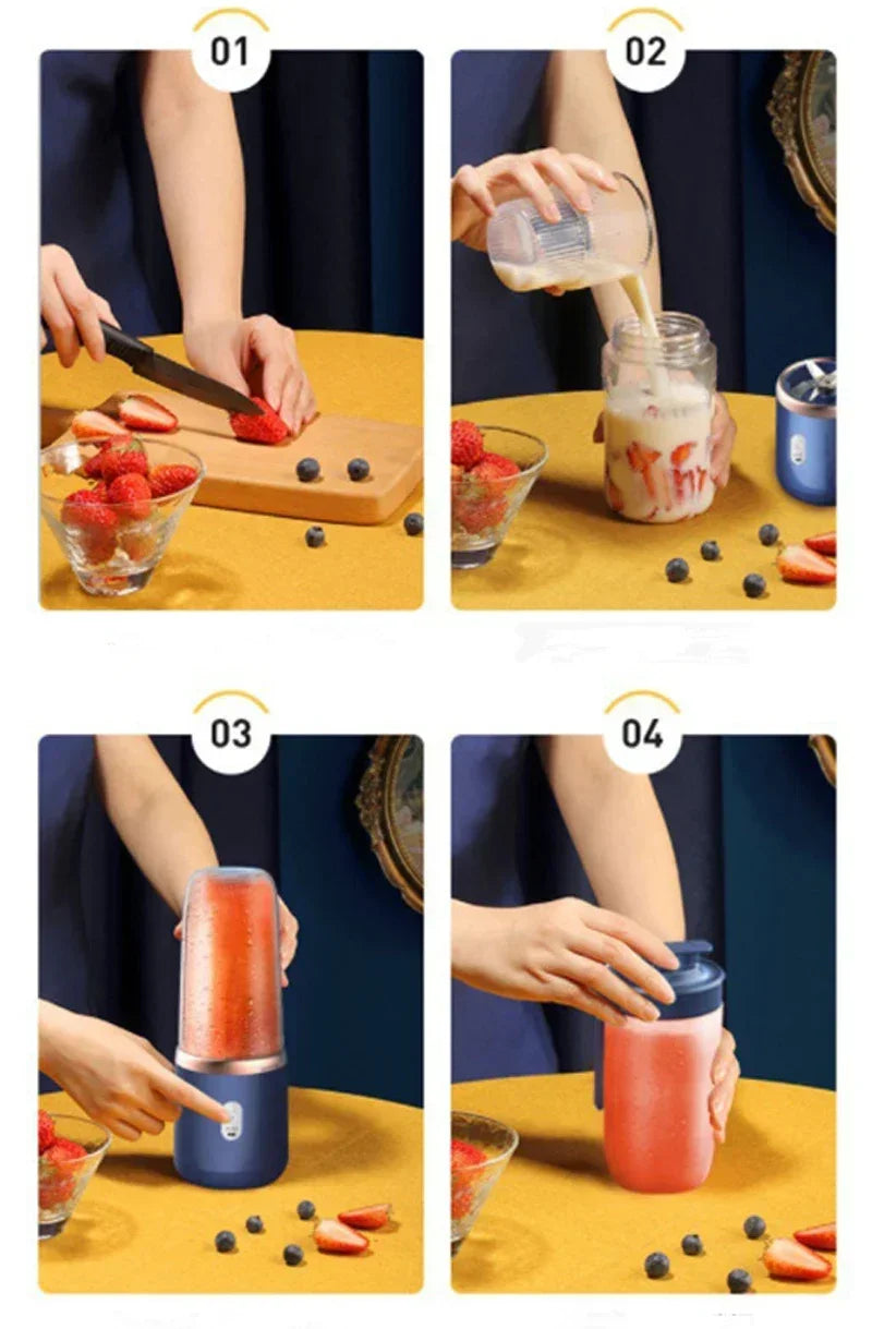 Four-step tutorial for using a portable, matte navy blue personal blender with a clear cup to make a fruit smoothie.