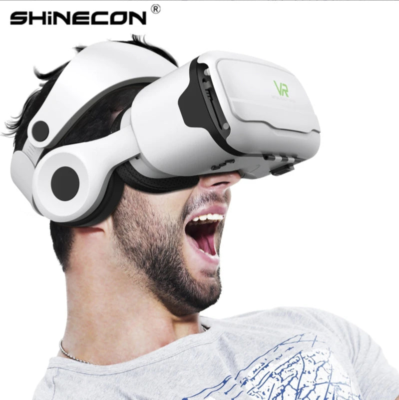 White VR headset with integrated headphones worn by a man with an excited expression.