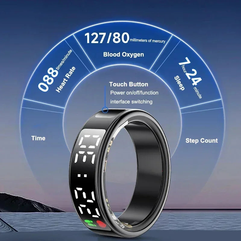Sleek black smart health ring with a digital display showing time, heart rate, sleep tracking, and step count.