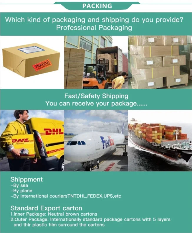 This image displays professional shipping and packaging options, including brown cartons, air, sea, and courier delivery.