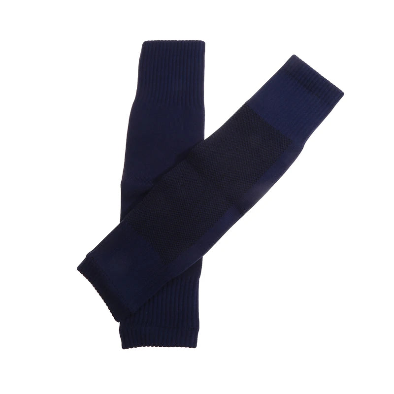 Pair of navy blue sports compression sleeves with textured breathable panels and ribbed cuffs.