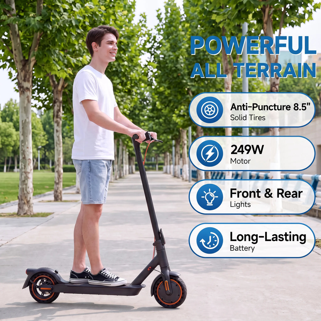 Man riding black 8.5-inch electric scooter with orange wheel accents on paved path, featuring text callouts.