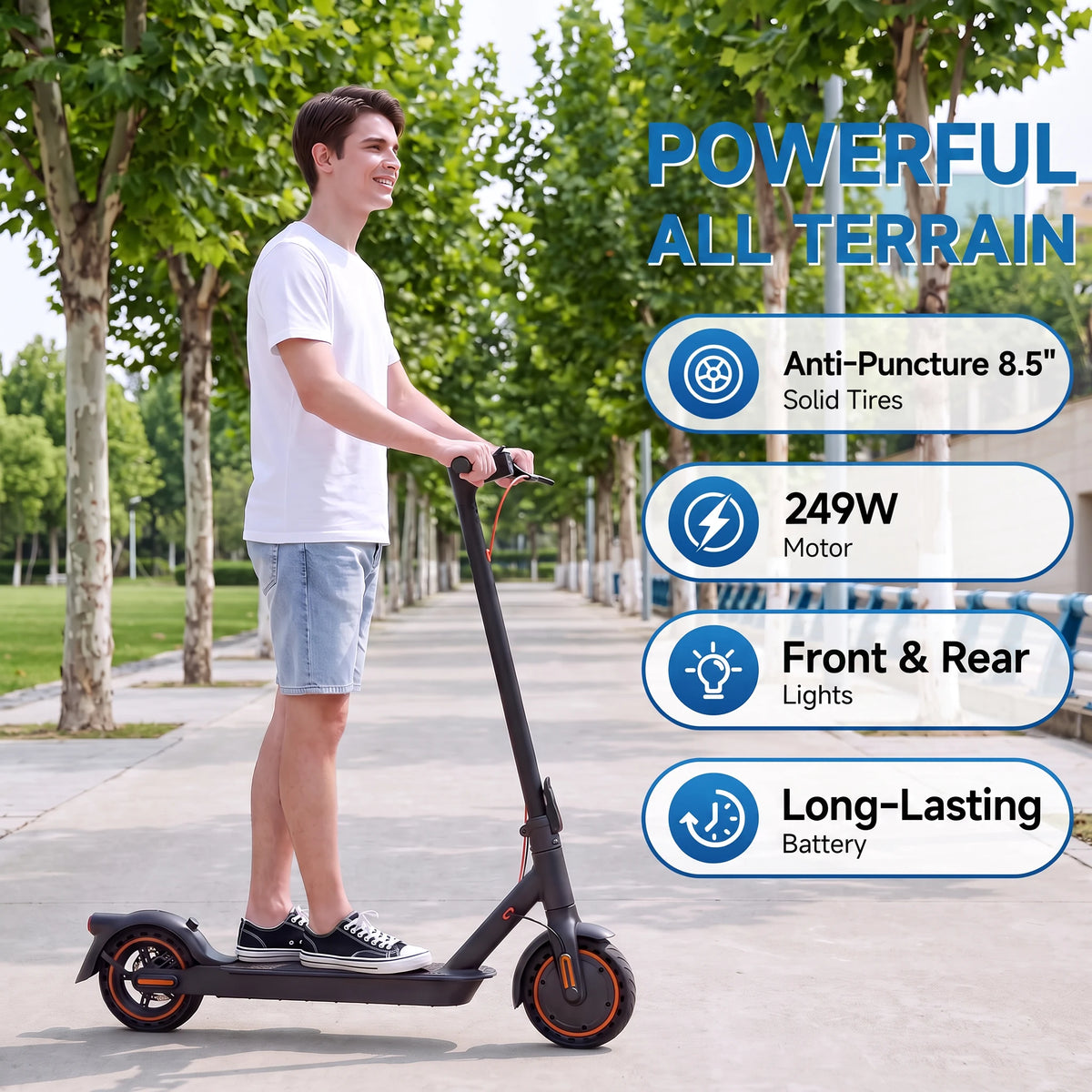 Man riding black 8.5-inch electric scooter with orange wheel accents on paved path, featuring text callouts.