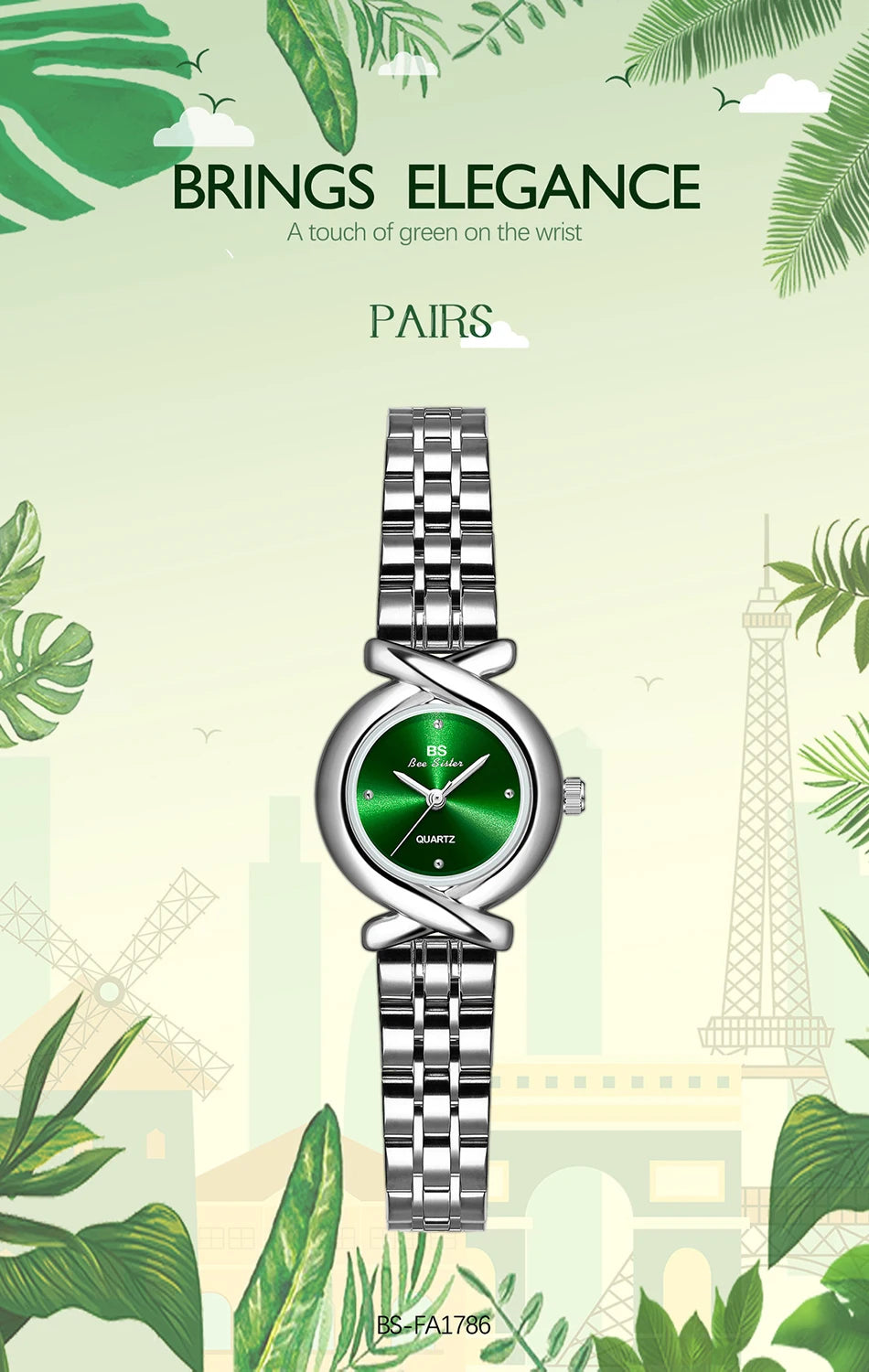Women’s stainless steel fashion watch with a polished silver-tone bracelet and a round, sunburst green dial.