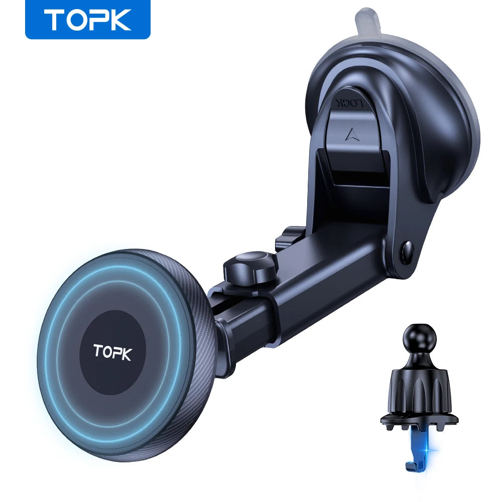 Black magnetic car phone mount with adjustable suction cup arm and a separate air vent attachment clip.