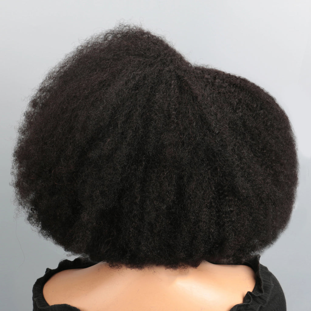 Short black kinky curly human hair afro wig on a mannequin seen from the back.