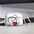 Clear protective case for AirPods Pro with cartoon character design and silver carabiner clip.