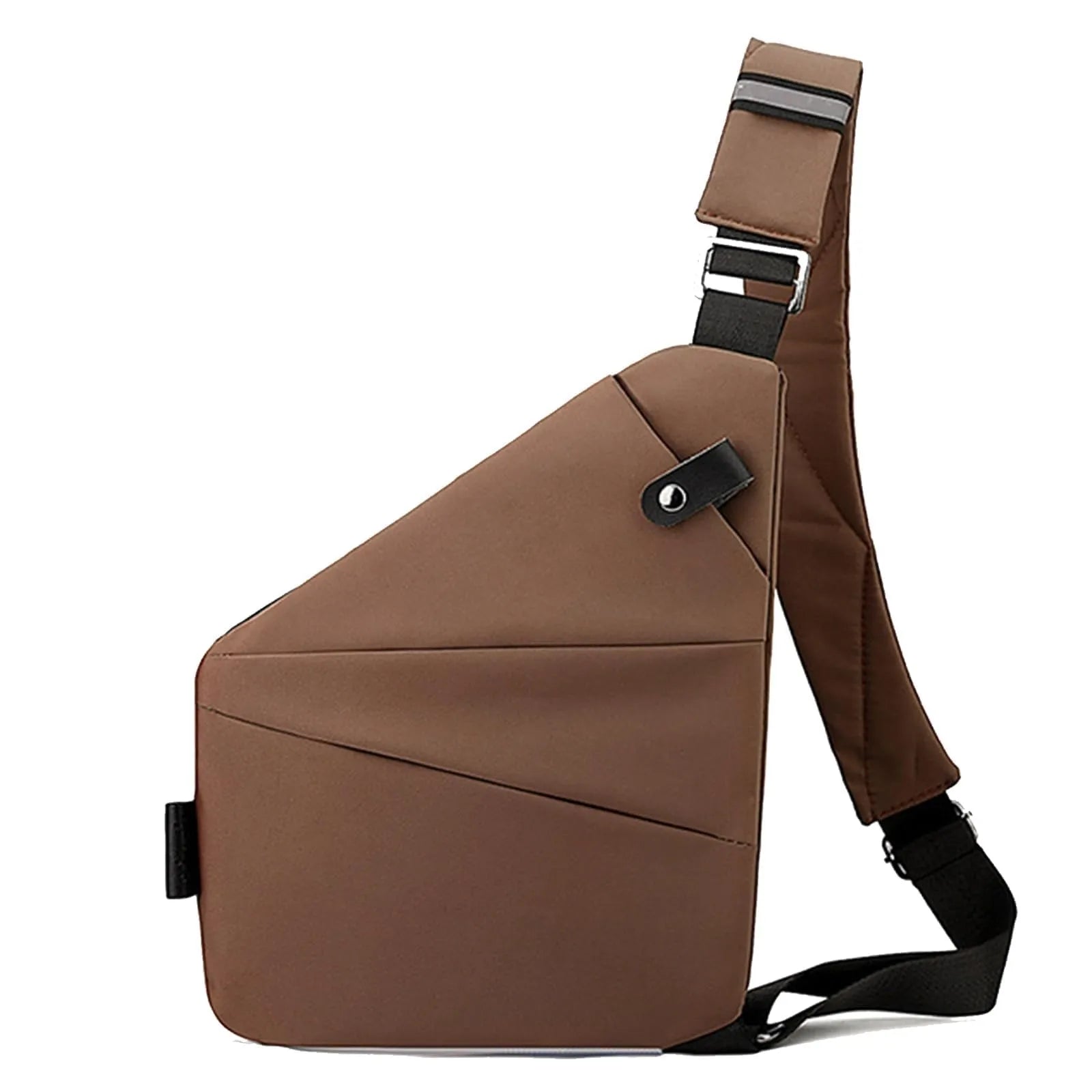 Brown men's waterproof chest bag with a slim, ergonomic crossbody design and adjustable shoulder strap.