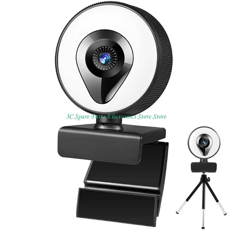 Black plastic webcam with integrated white ring light, clip-on base, and a small metal tripod stand.