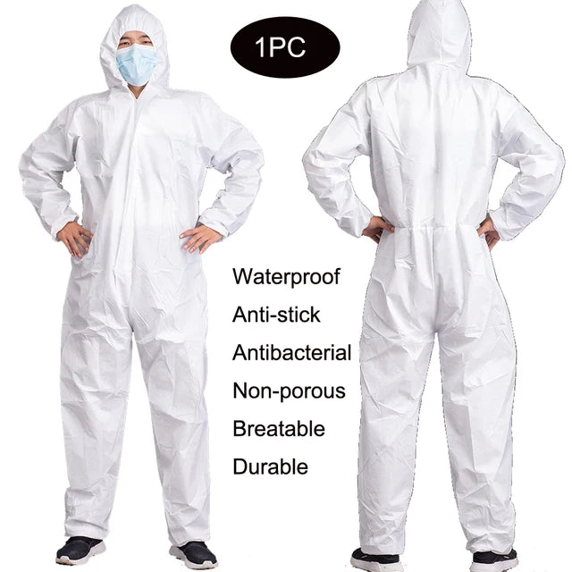 Front and back view of a white, full-body hooded protective coverall made of waterproof, breathable fabric.