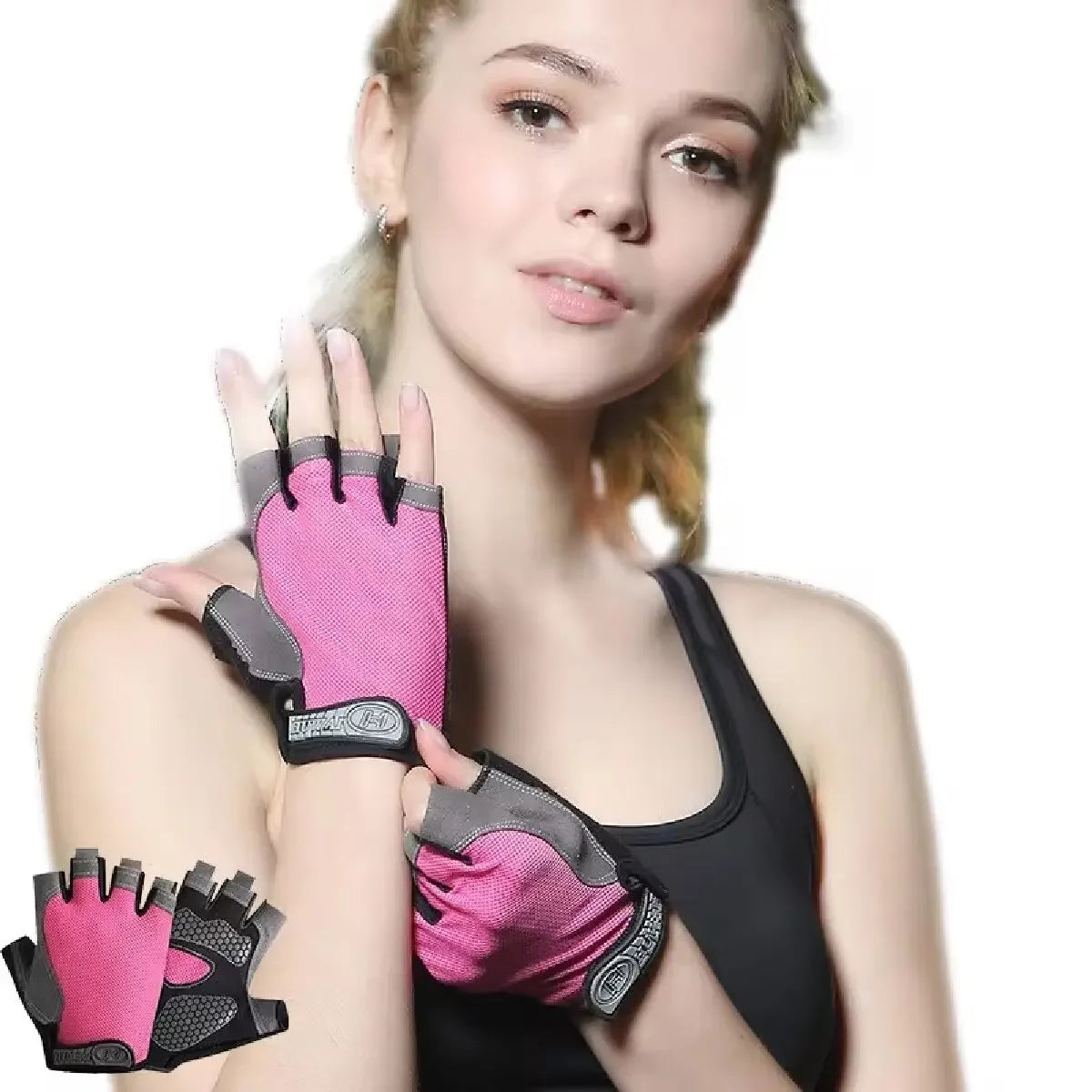 Woman wearing fingerless gym gloves in pink and grey with a textured, non-slip grip palm design.
