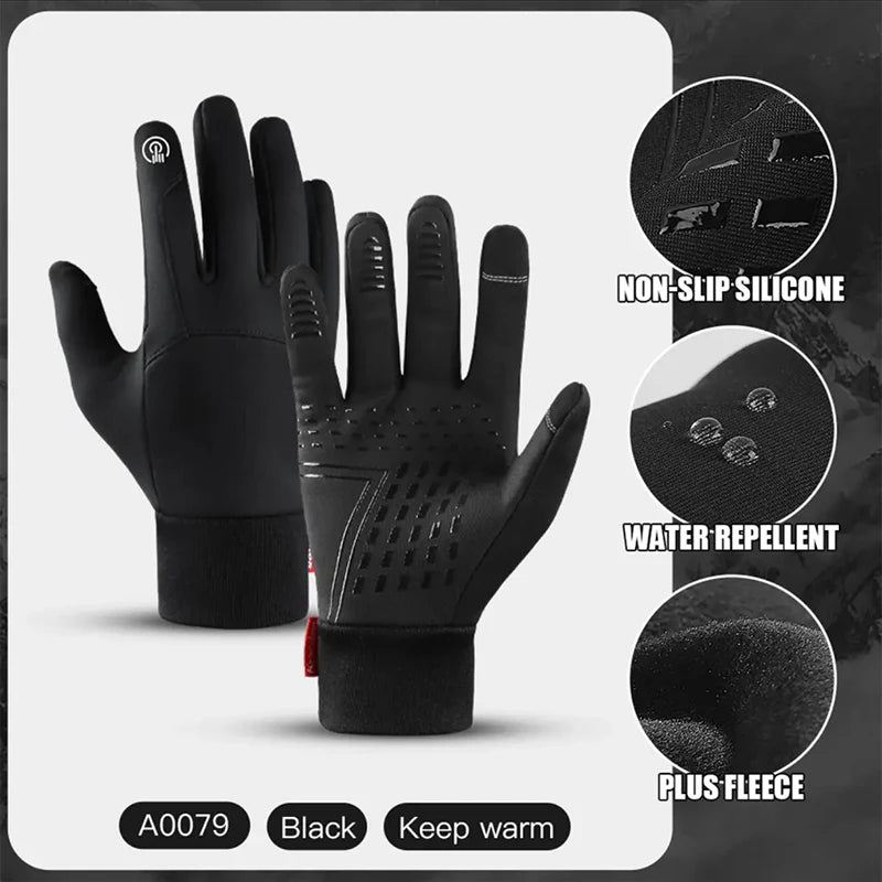 Black fleece-lined, water-repellent winter gloves with non-slip silicone palm grip and touchscreen-compatible fingers.