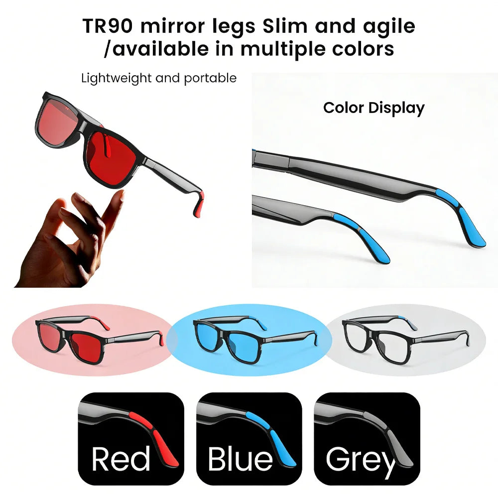 Lightweight smart audio sunglasses with slim black frames and interchangeable red, blue, or grey temple tips.