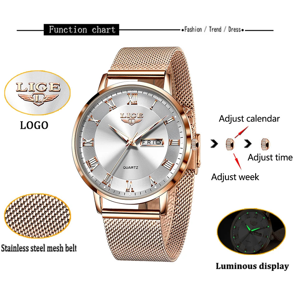 Elegant women's rose gold watch with a stainless steel mesh strap, silver dial, Roman numerals and luminous hands.