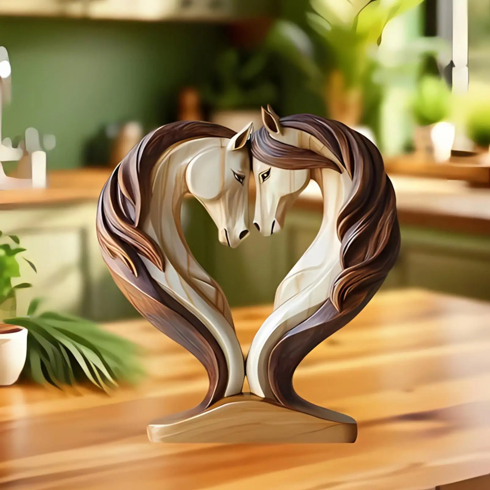 A decorative wooden statue of two horses with flowing manes, styled to form a heart shape, set on a wooden table.