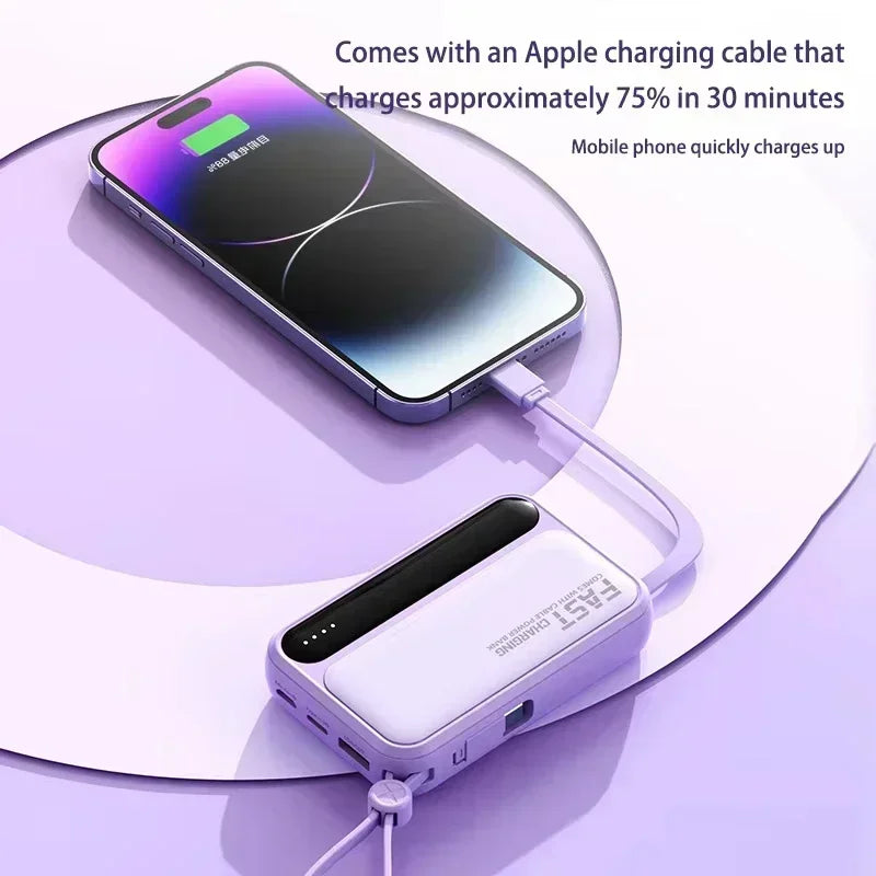 A light purple portable power bank with a built-in cable, charging a smartphone on a matching purple circular background.