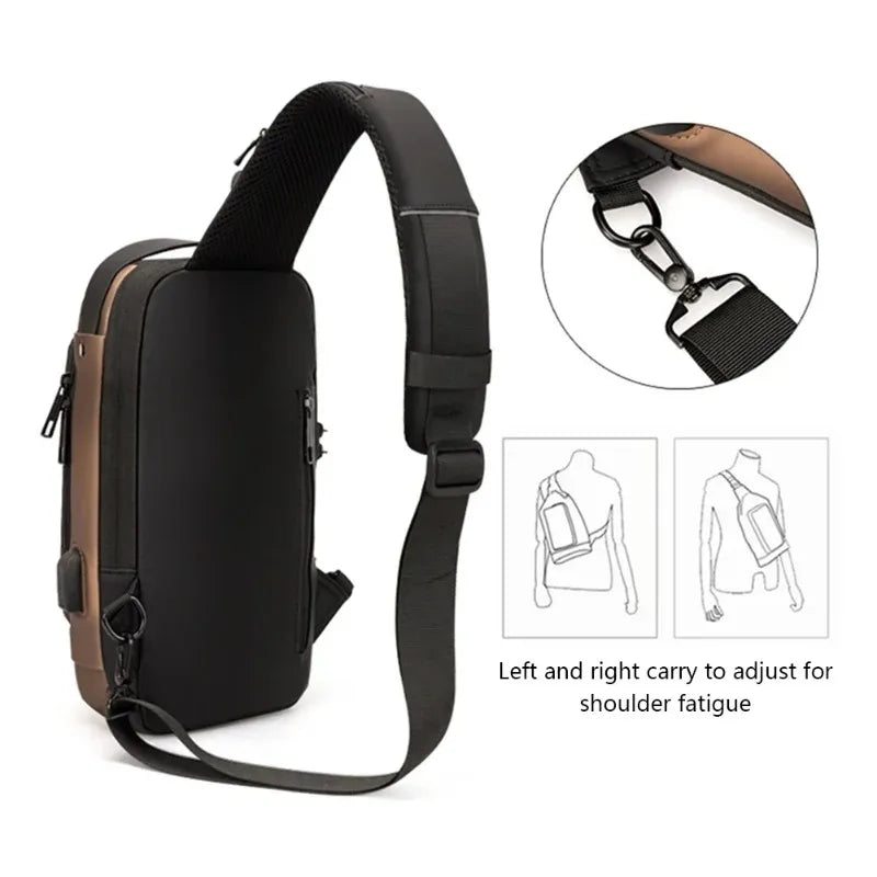 Black and brown waterproof crossbody sling bag with a USB port, featuring an adjustable, reversible shoulder strap.