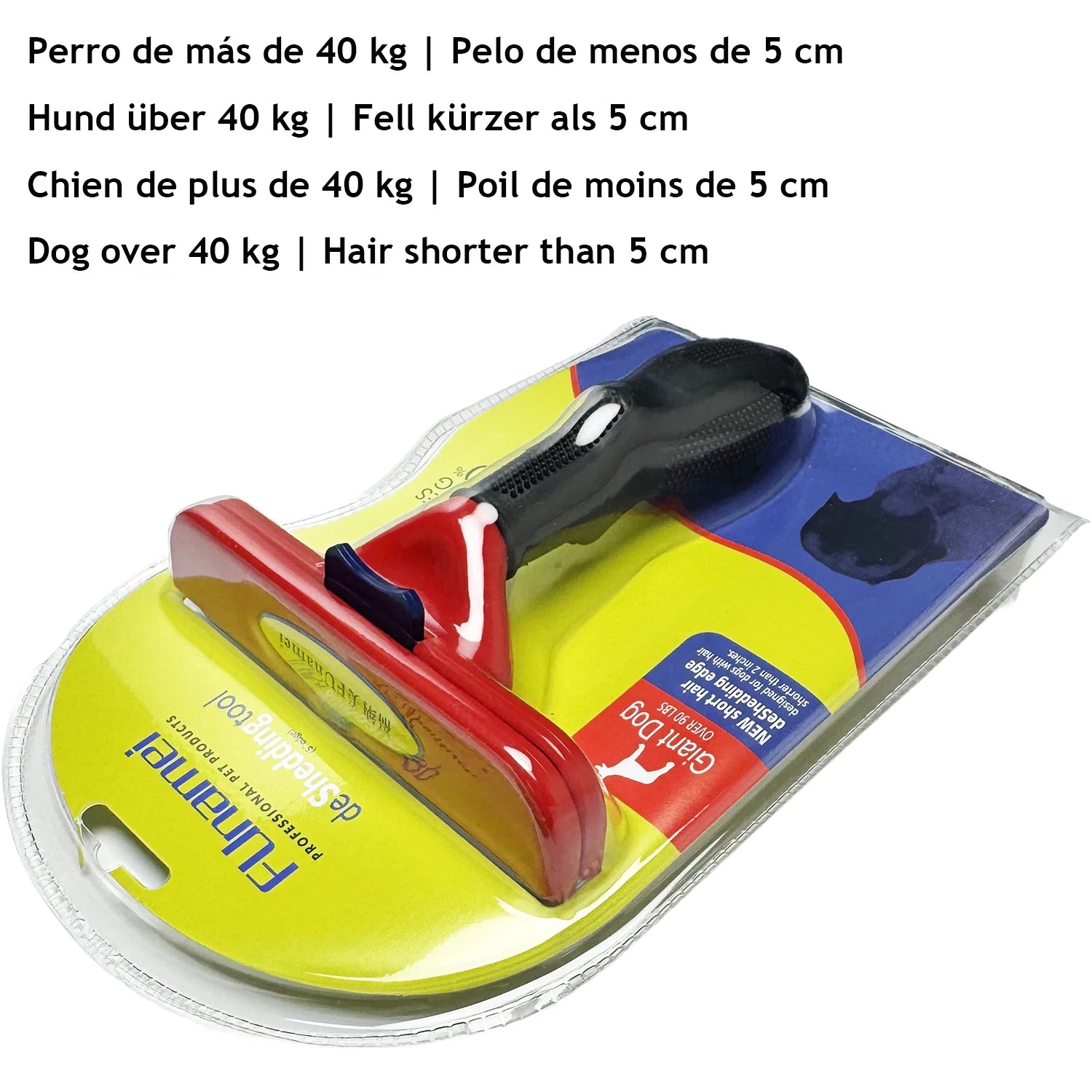 A red and black dog de-shedding tool in original blister packaging for giant dogs with short hair.
