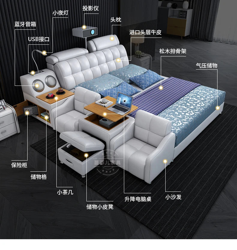 Modern white leather storage double bed with padded headboard, integrated side tables, USB, speakers and lift-up desk.