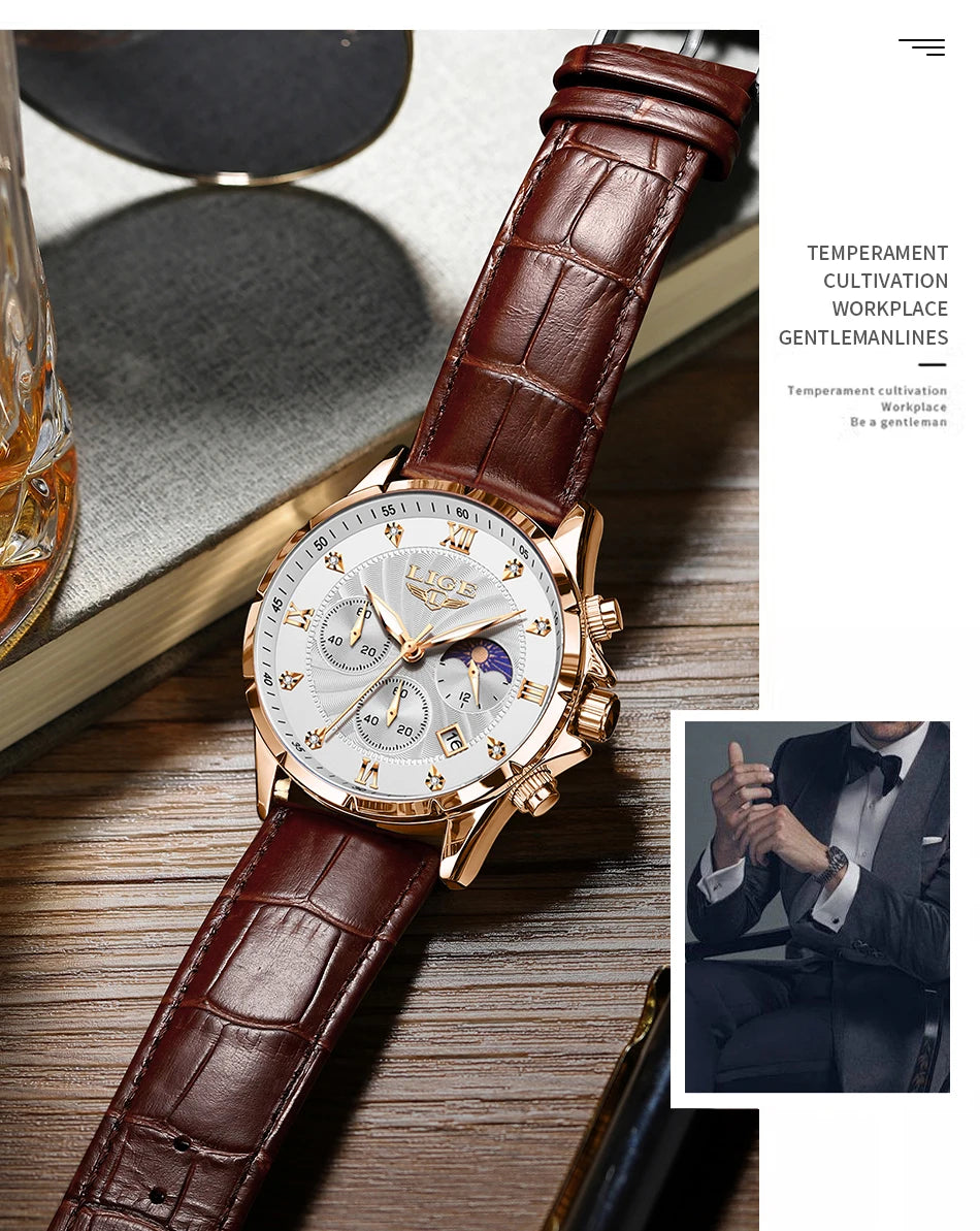 Men’s chronograph watch with a rose gold case, textured silver face and dark brown croc-effect leather strap.