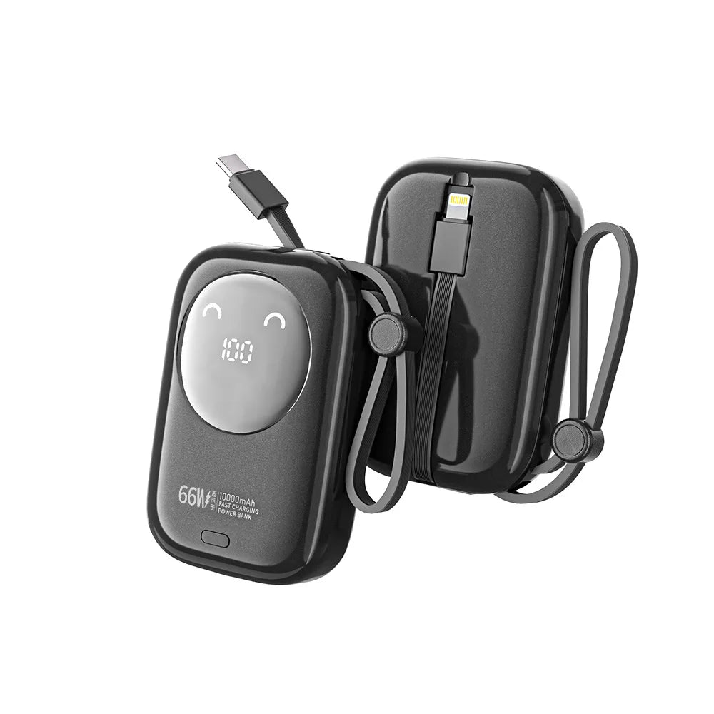 Black portable power bank with a digital display, integrated charging cables, and a convenient carrying strap.