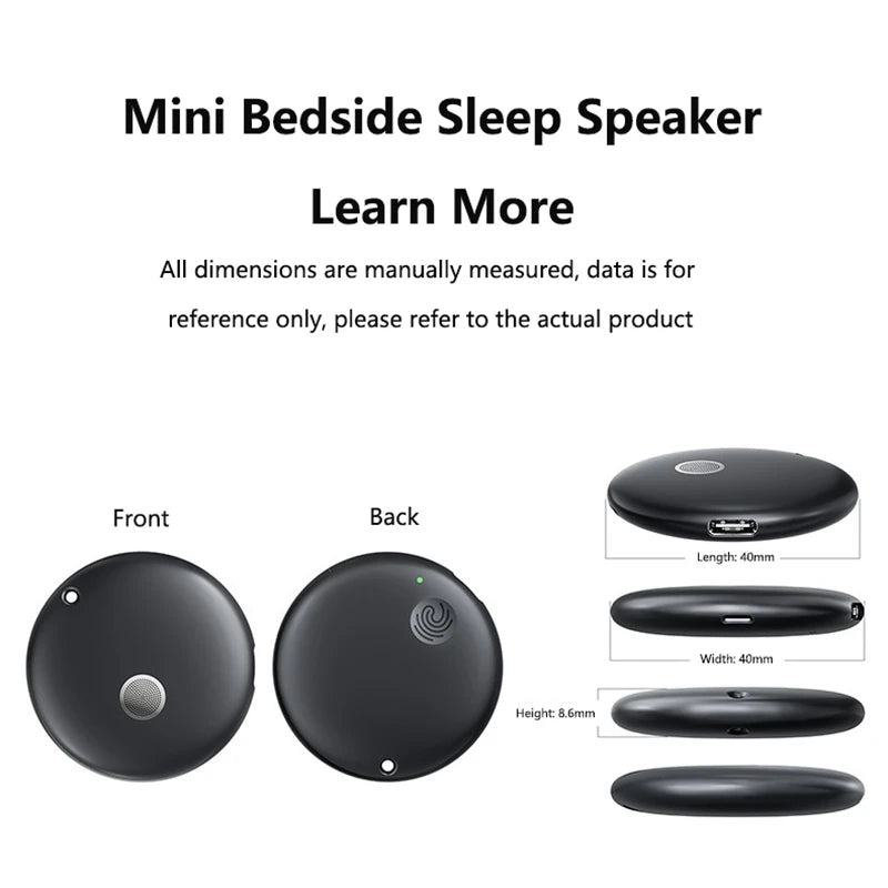 Small, black, round portable Bluetooth speaker with a smooth finish, shown from multiple angles with dimensions.