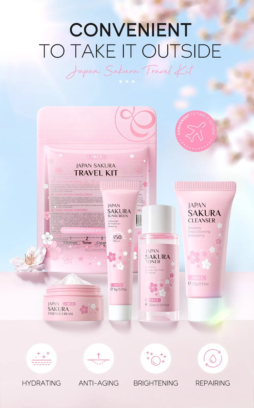Pink sakura-themed travel skincare kit featuring a cleanser, toner, sunscreen, and essence cream for daily routine.