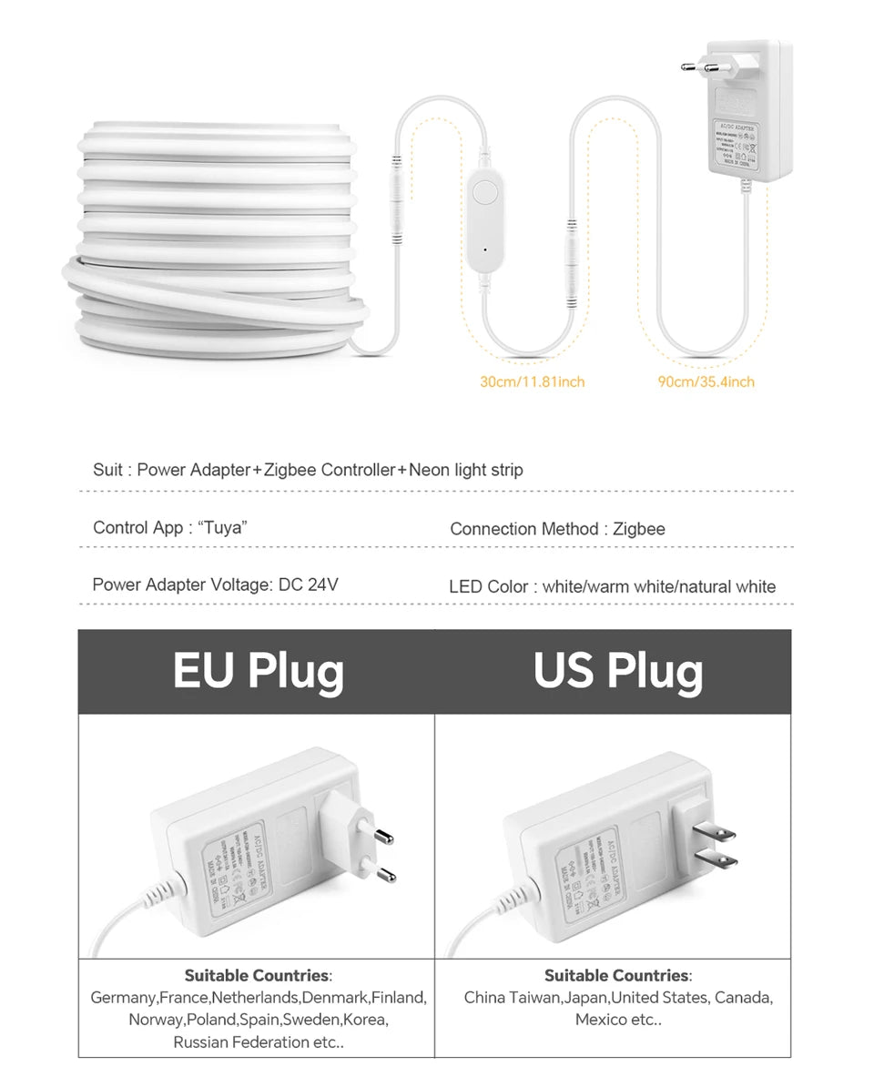 Smart white LED neon strip light with Zigbee controller, power adapter, and a choice of EU or US plug types.