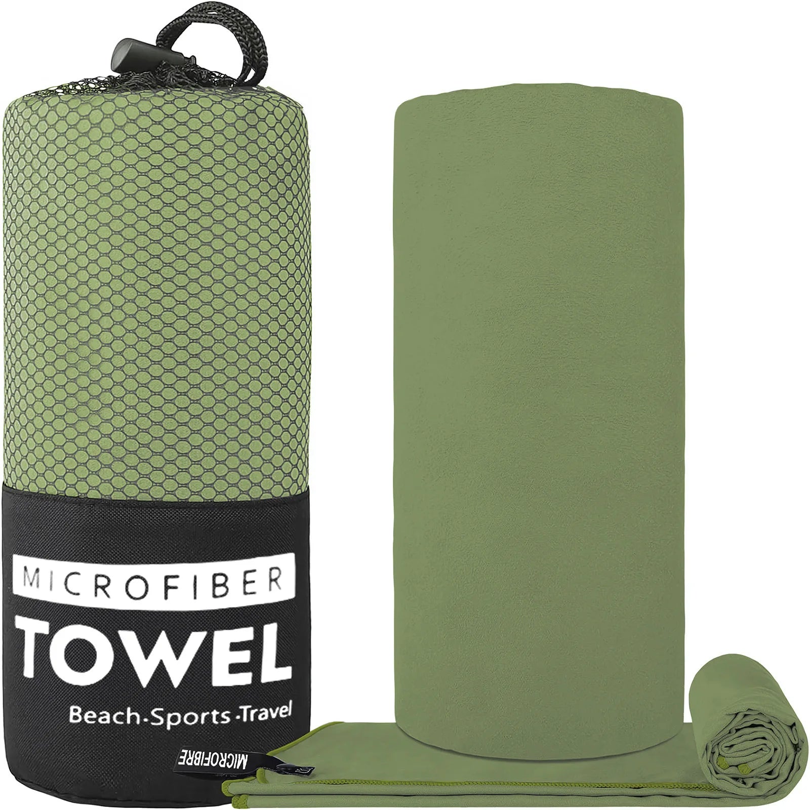 Sage green microfibre travel towel, shown rolled up in its drawstring mesh carry bag and as a folded towel.
