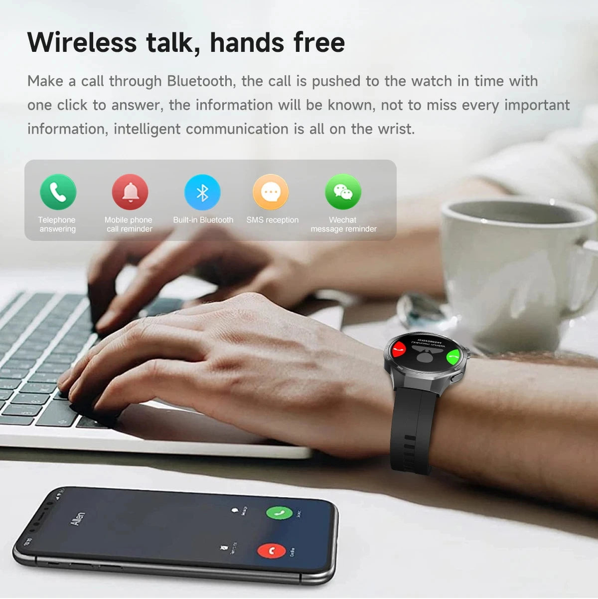 Black smartwatch with circular HD display, worn on a wrist, showing Bluetooth calling and notification features.