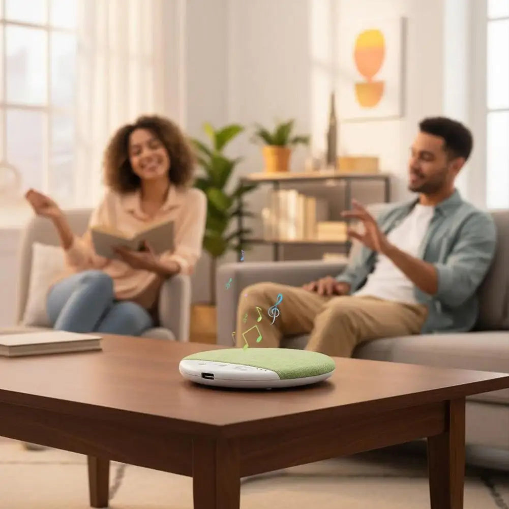 A round, sage green fabric wireless speaker on a coffee table with floating music note icons.