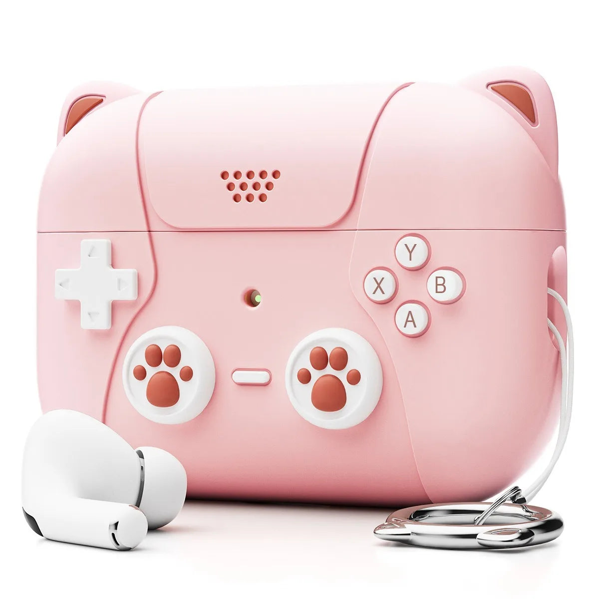 Pink gaming-style silicone case for AirPods Pro featuring paw-print joystick details and a cat-ear design.