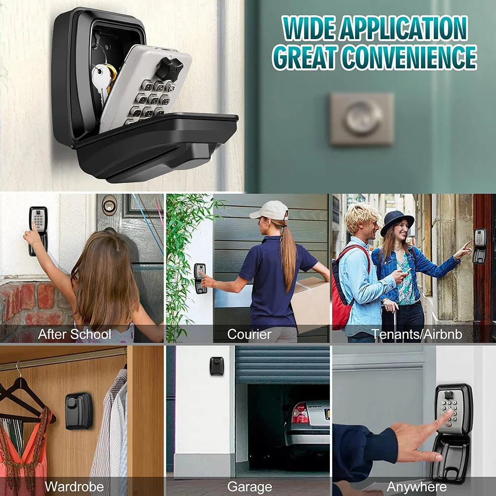 Black metal wall-mounted key lock box with a protective cover and a 10-digit push-button keypad combination lock.