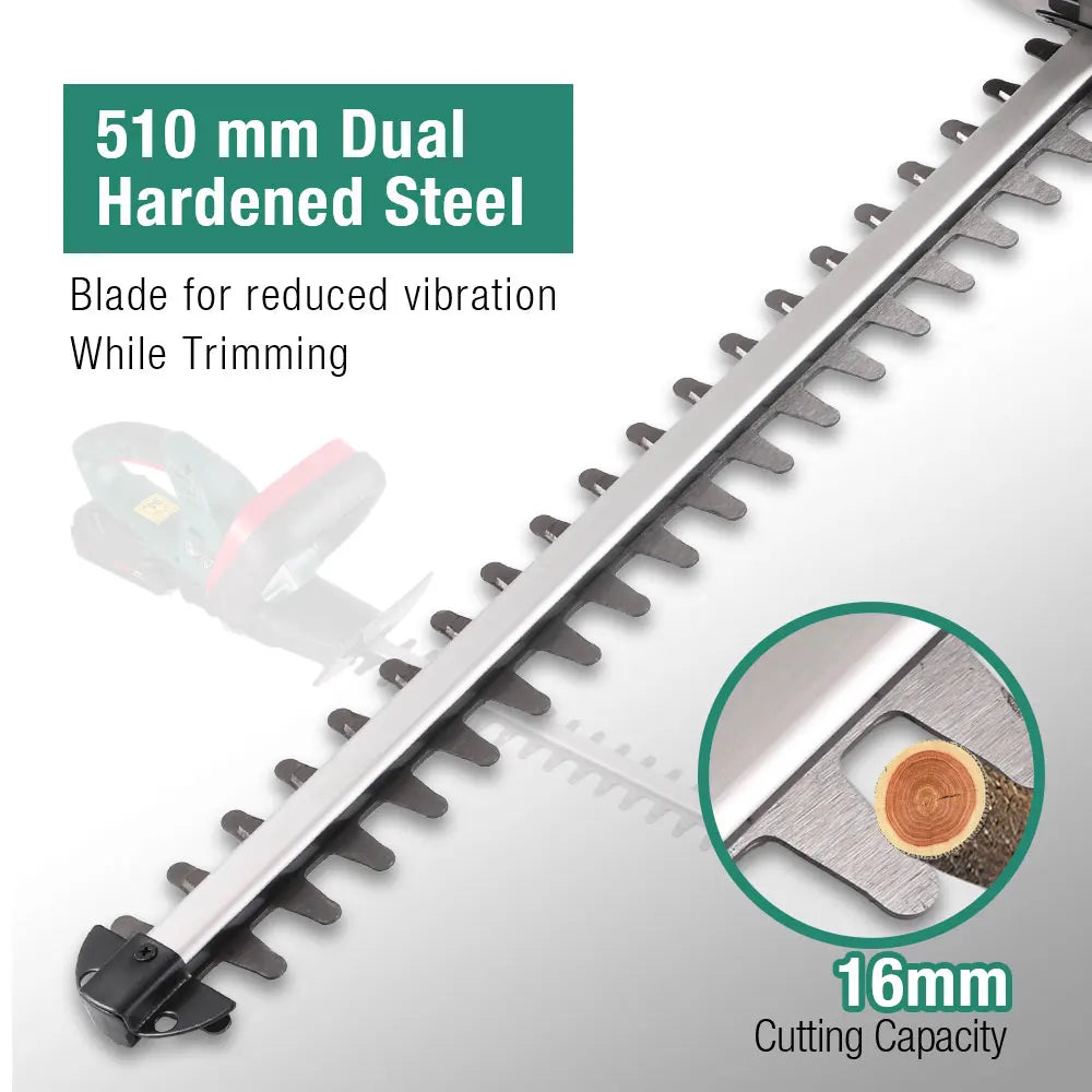 POSENPRO 510mm dual-action hedge trimmer steel blade with 16mm cutting capacity inset.