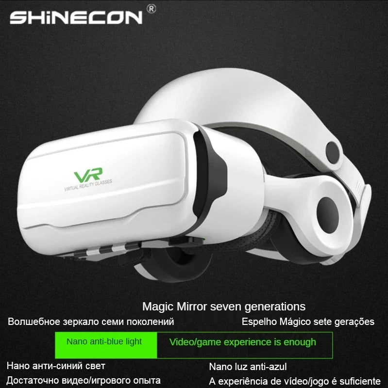 White Shinecon VR headset with built-in headphones and green VR logo on the front panel.