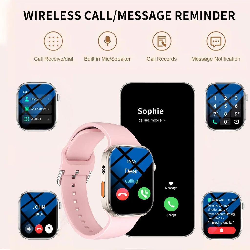 Pink multi-sport smartwatch with a sleek, square screen, featuring wireless calling, message alerts and dialling.