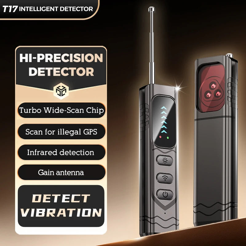 Two sleek, black portable privacy detectors with extendable antennas, digital displays and infrared scanning lenses.