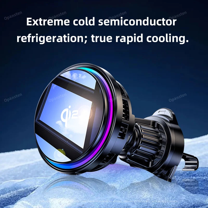 Black round semiconductor phone cooler with vibrant RGB edge lighting, designed to attach to a car air vent.