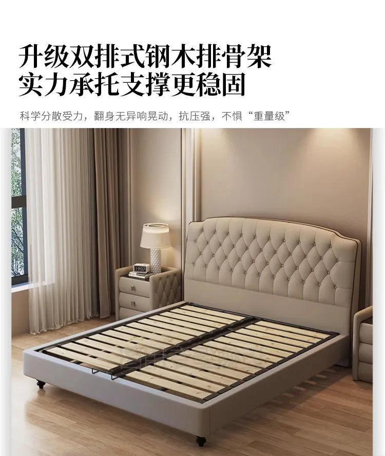Modern luxury beige upholstered queen bed frame with a tufted headboard and sturdy slatted steel and wood base.