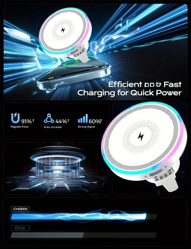 White circular magnetic wireless charger with a neon LED rim, showing charging efficiency and fast power features.