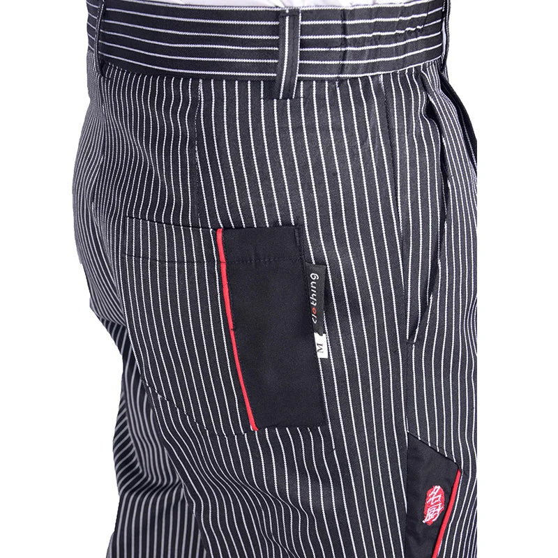 Black and white pinstriped chef cargo trousers with an elasticated waistband and contrast black pocket detailing.