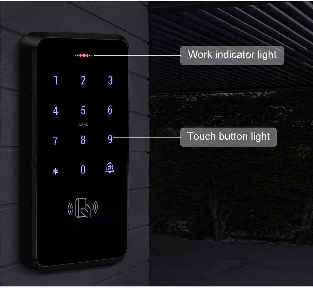 Black metal touch-keypad door access control system with numeric display and card reader icon.