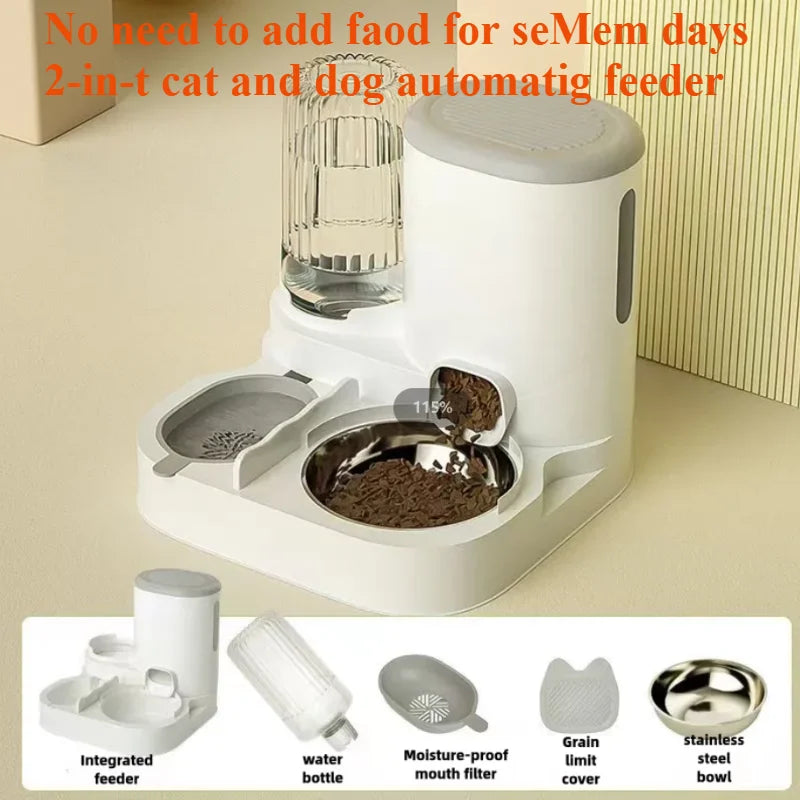 White 2-in-1 automatic pet feeder with a water bottle, stainless steel bowl, and moisture-proof filter.