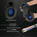 Black wired gaming headphones with blue mesh padding, in-line volume control, mic mute, and a 3.5mm jack.