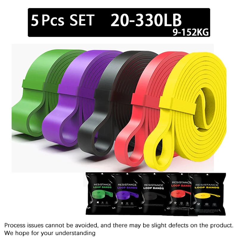 A set of five multi-coloured, heavy-duty resistance loop bands for strength training, arranged in a row.