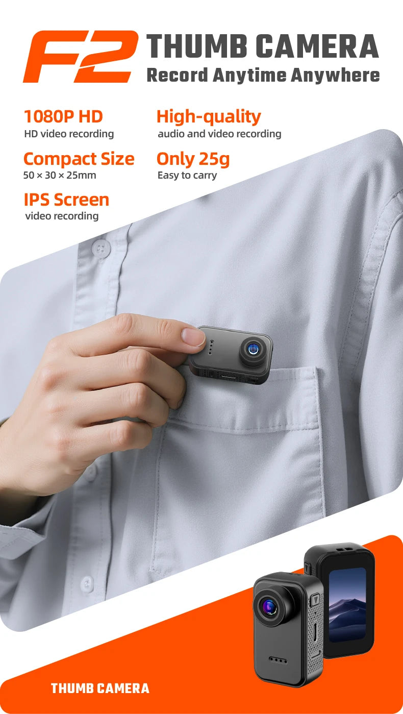 A small, black 25g plastic thumb camera with a 1080p lens and rear IPS screen being held against a shirt pocket.