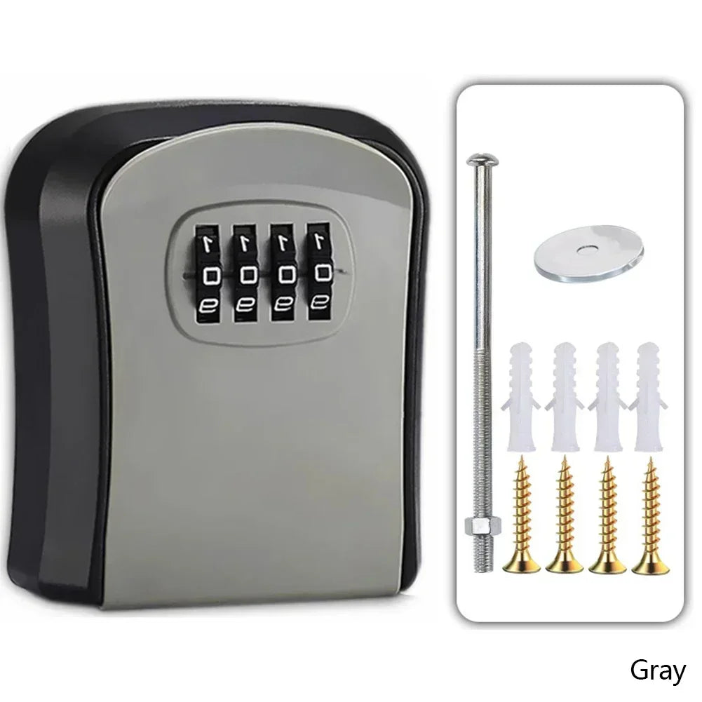 Gray and black metal wall-mounted key lock box with a four-digit combination dial and included mounting hardware.