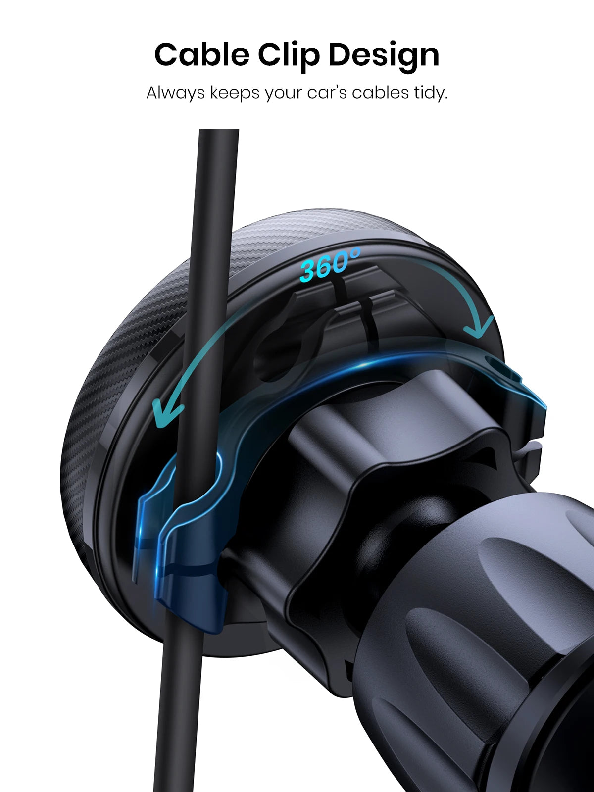 Black circular car mount with a 360-degree rotating cable clip for tidy cable management.