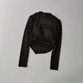 Black long-sleeve crop top with a square neckline, integrated shelf bra, and stylish ruched side detailing.